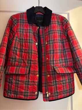 Talbots Red Plaid Quilted Jacket with Navy Trim